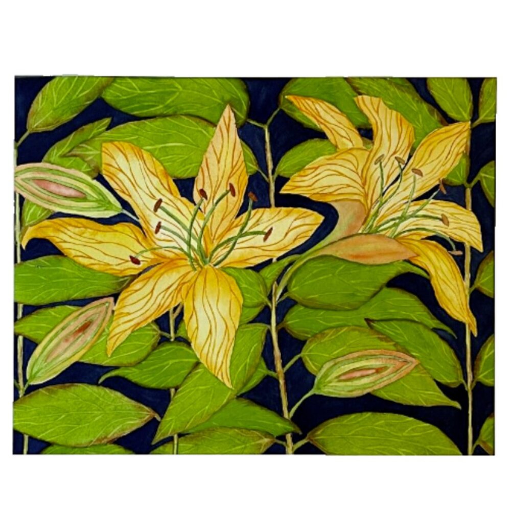 Painting Watercolor Original Art Flower Lily Yellow Orange Green 11x14 Mat 20x16